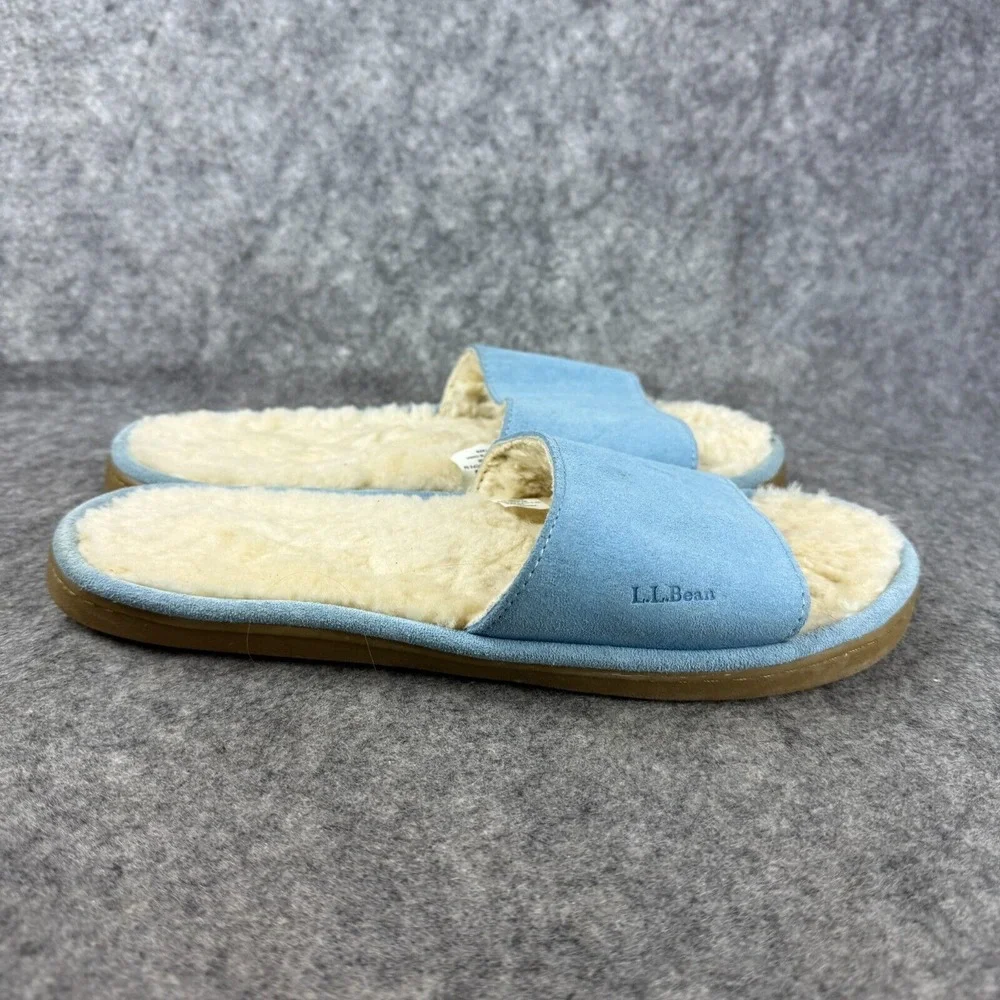 LL Bean Slippers Leather Shearling Slides Wicked Good One Band Lt Blue Women 10 - Picture 1 of 5